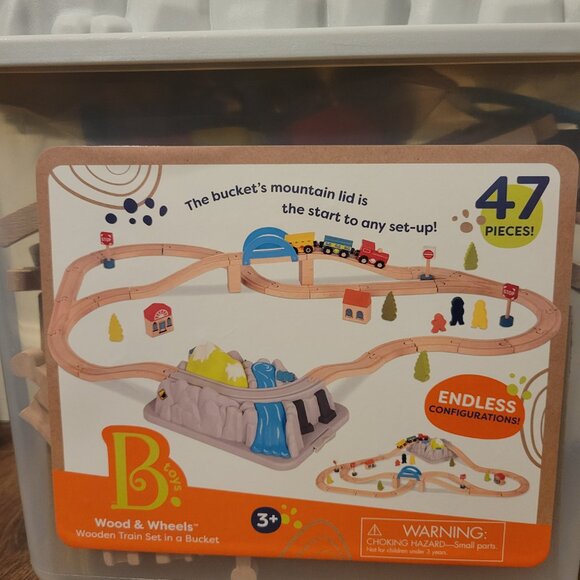 B. Toys Wood & Wheels Wooden Train Set in a Bucket 47 Pieces! - Picture 2 of 5